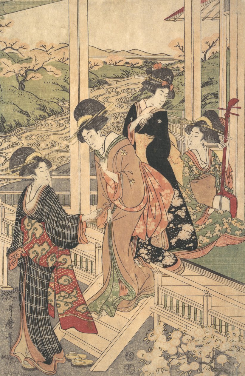 Nőcsoport egy tájház Engaváján, a cseresznyevirágzás idején,..., kb. 1806. alkotó: Utamaro II