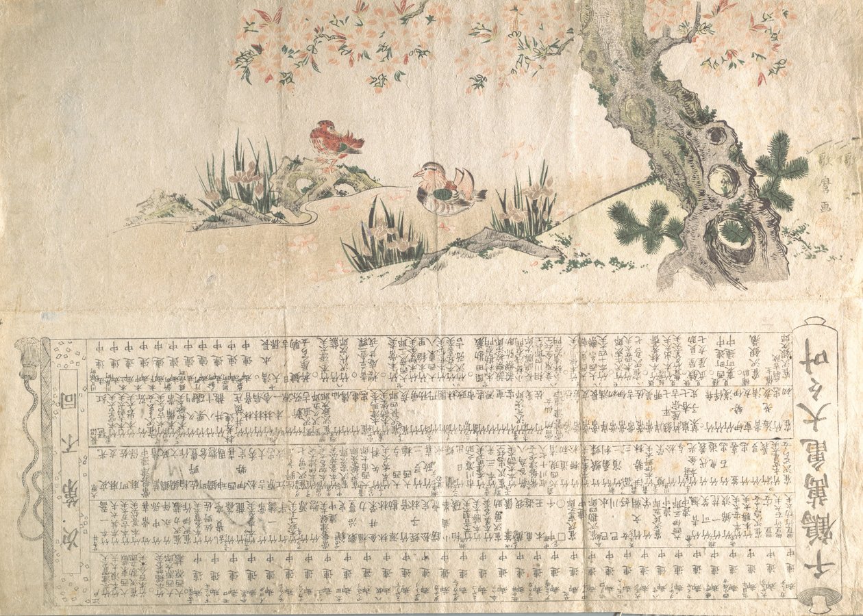 Mandarin kacsák tavaszi tájban: Program egy Jururui-előadáshoz, kb. 1807.. alkotó: Utamaro II