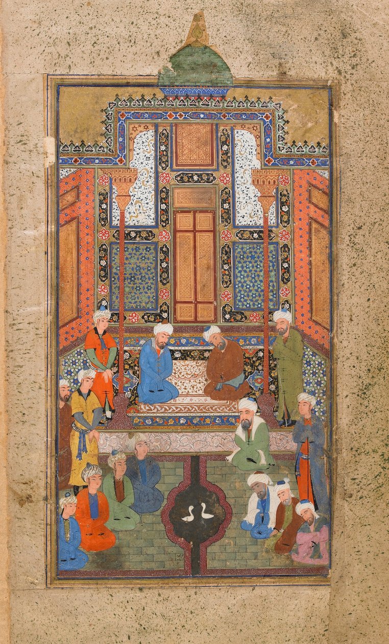 Palotajelenet egy Tuhfat al-Ahrarban (a szabadok ajándéka) Bukharában, Üzbegisztánban, Üzbég időszakban, 1540 körül (átlátszatlan akvarell, tus és arany papíron) alkotó: Uzbek School