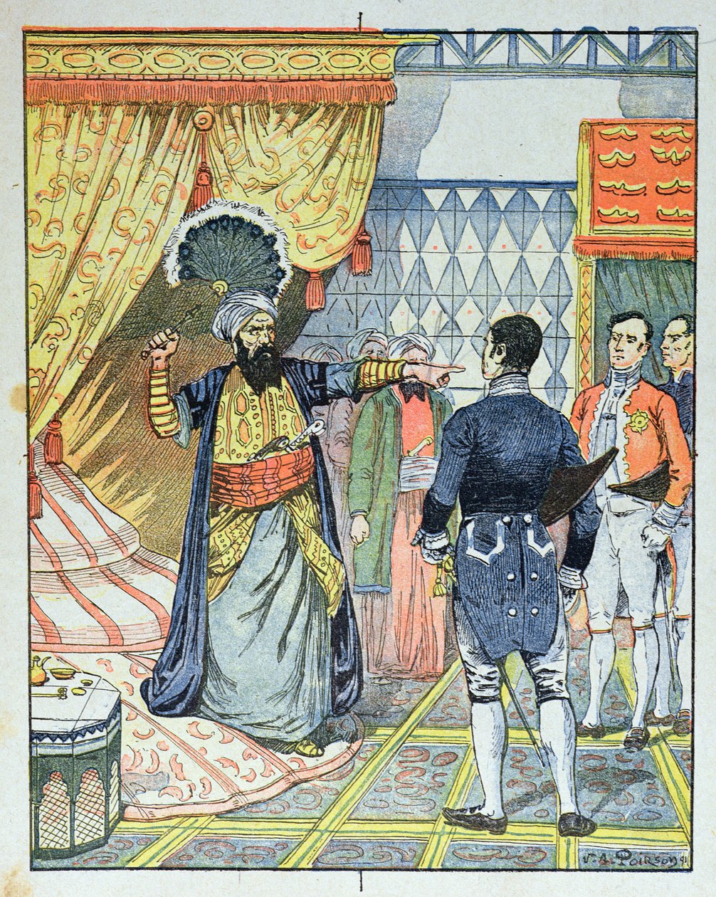 Az algíri Dey, Hussein ibn El Hussein megüti M. Deval francia nagykövetet egy legyezővel, 1827. április 27., iskolai tankönyv borítója, 1891 alkotó: Victor Armand Poirson
