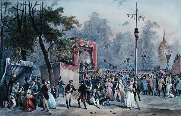 A „Fete de Roi” a Champs-Elysees-n, Párizsban, Lemercier metszetében, 1820 körül (színes litográfia) alkotó: V. (after) Adam