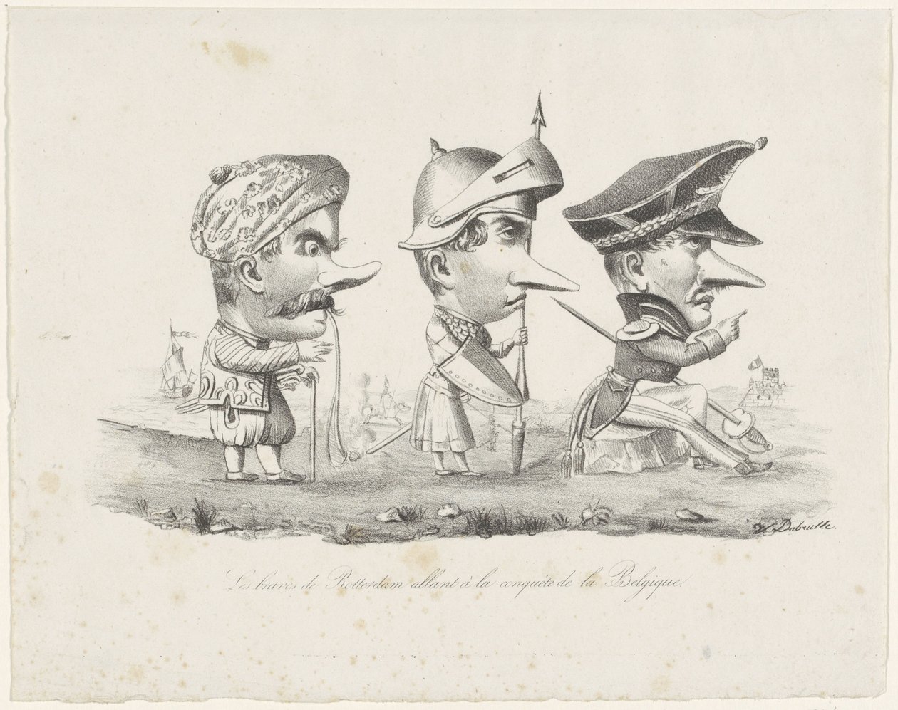 Karikatúra a rotterdami milíciáról, 1830 Les braves de Rotterdam allant à la conquête de la Belgique (cím a tárgyon) alkotó: V. Dubrulle