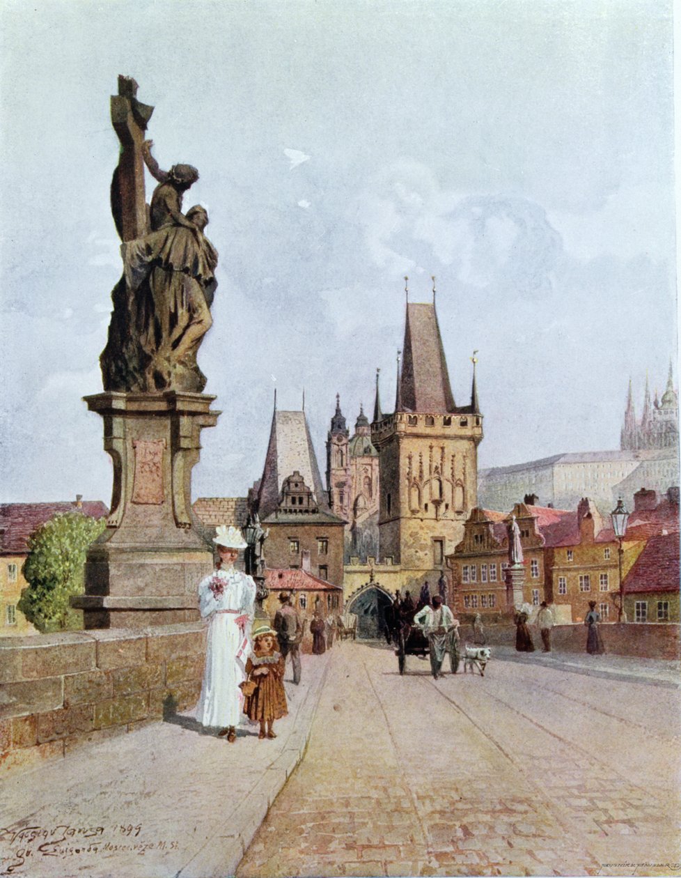Szent Lutgardis szobra a Károly-hídon, Prága, illusztráció a "Stara Praha (Régi Prága)"-ból, 1900 körül alkotó: Vaclav Jansa