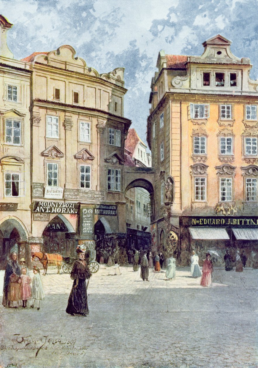 A Staromestsky Rynk látképe a Stara Praha (Régi Prága) felől, 1900 körül. alkotó: Vaclav Jansa