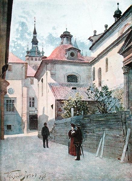 Jirska Ulice, Prága, illusztráció a "Stara Praha (Régi Prága)"-ból, 1900 körül (litho) alkotó: Vaclav Jansa