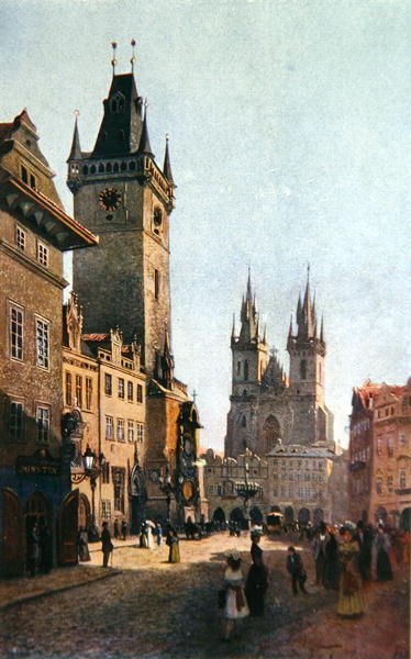 Staromestsky Rynk kilátása a városházával és a Tyn előtti Szűzanya templommal, a "Stara Praha"-ból (Régi Prága) 1900 körül (színes litó) alkotó: Vaclav Jansa