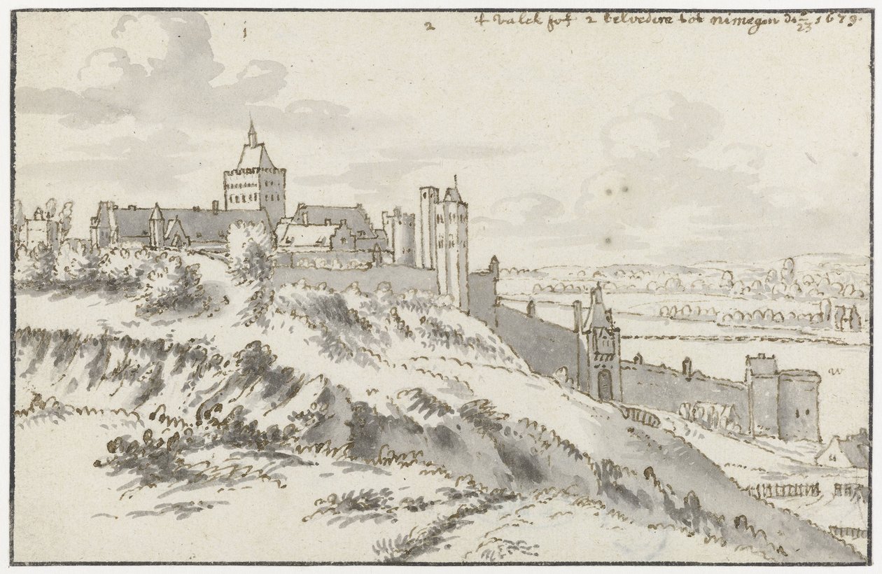Kilátás a Valkhofra és a Belvedere-re Nijmegenben alkotó: Valentijn Klotz (possibly)