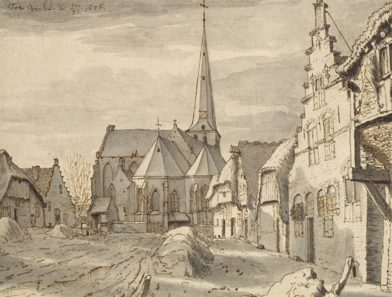 Veghel temploma előtt, 1676 (toll és barna tinta és szürke mosás papíron) alkotó: Valentin Klotz
