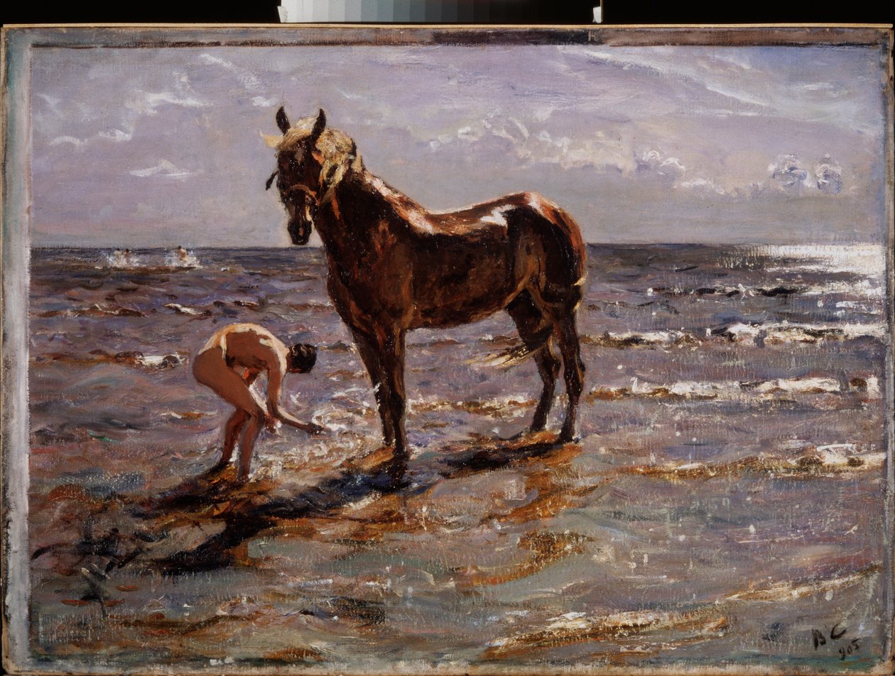A ló fürdője. (Meztelen fiatalember lovat fröcsköl, másik két alak kiszalad a tengerre). Valentin Alekszandrovics Szerov (1865-1911) festménye, olaj, vászon alkotó: Valentin Aleksandrovich Serov