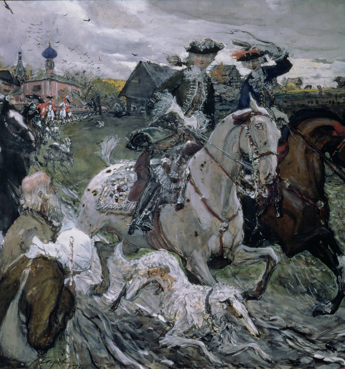 II. Péter (1715-30) és Erzsébet cárnő (1709-62) vadászat, 1900 (tempera és gouache, papír) alkotó: Valentin Aleksandrovich Serov