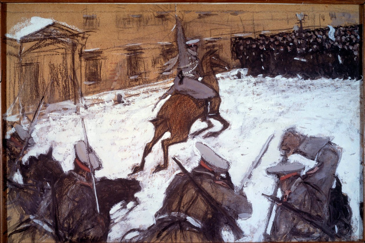 Vörös Vasárnap (Véres Vasárnap) Szentpéterváron: „” Katonai elnyomás az 1905-ös szentpétervári tüntetések alatt”” II. Miklós cár lovassága vádat emel a Téli Palota elé békésen tiltakozó grevisták ellen 22. 01/1905 alkotó: Valentin Aleksandrovich Serov