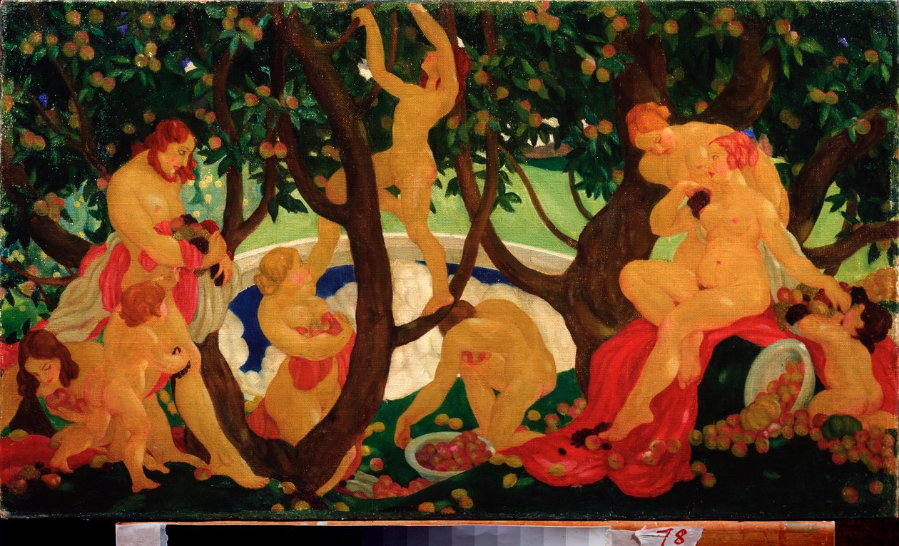 Sharing Apples (Gathering Alma) – Valentin Alekszandrovics Jakovlev (1887-1919) festménye, olaj, vászon alkotó: Valentin Alexandrovich Yakovlev