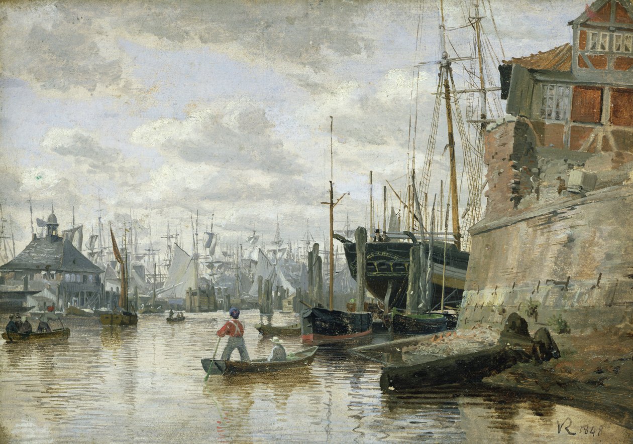 A gerendaház Hamburg kikötőjében, 1848 (olaj, papír a fedélzeten) alkotó: Valentin Ruths