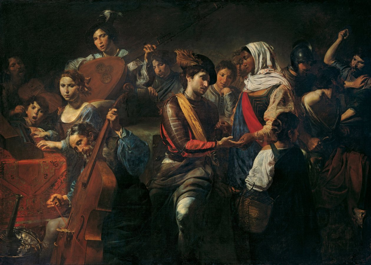 Vidám társaság és jósnő. (Merry Company With Fortune Teller). Műfaji jelenet egy kocsmában, kompozíció zenészekkel (hegedű, cselló, billentyűs és lant), italt készítő férfiak az asztalnál, a jósnő alkotó: Valentin de Boulogne