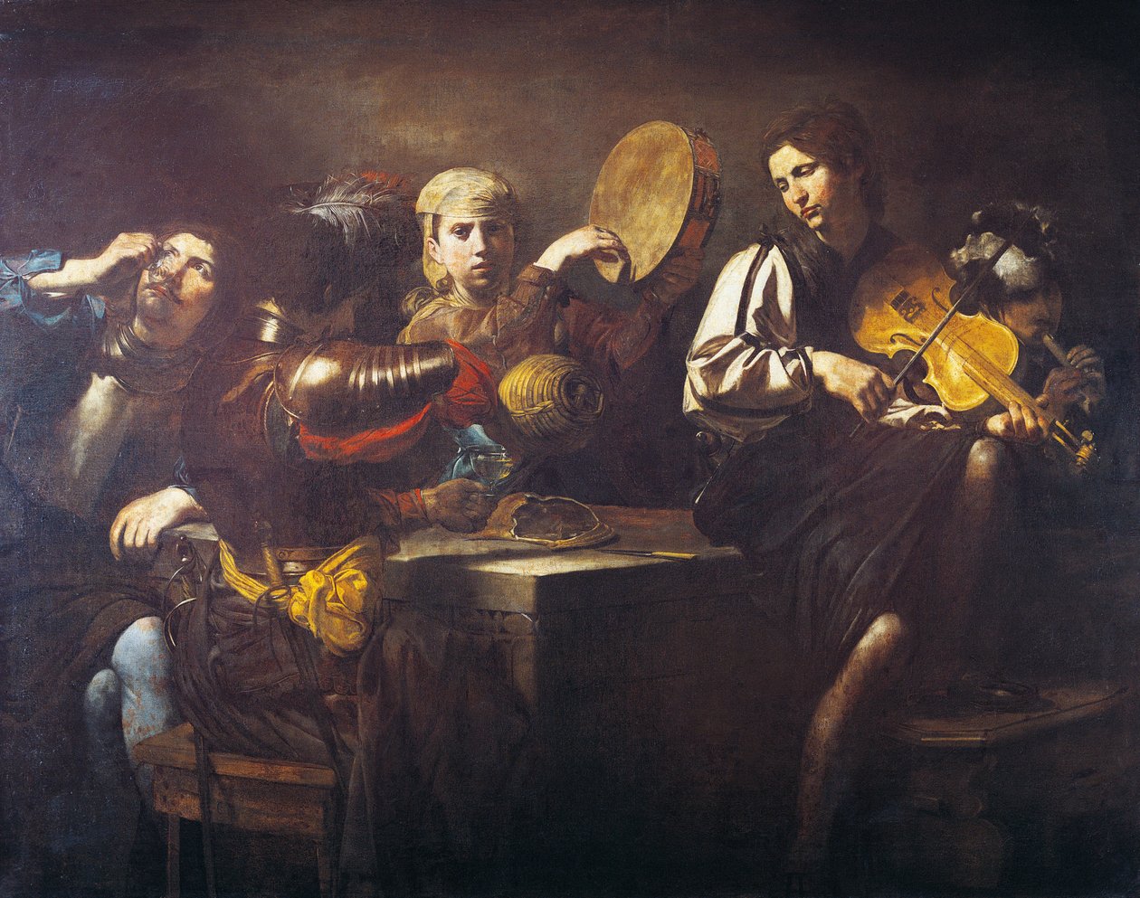 Zenészek és katonák, 1626 körül, Valentin de Boulogne (1591-1632), olaj, vászon alkotó: Valentin de Boulogne