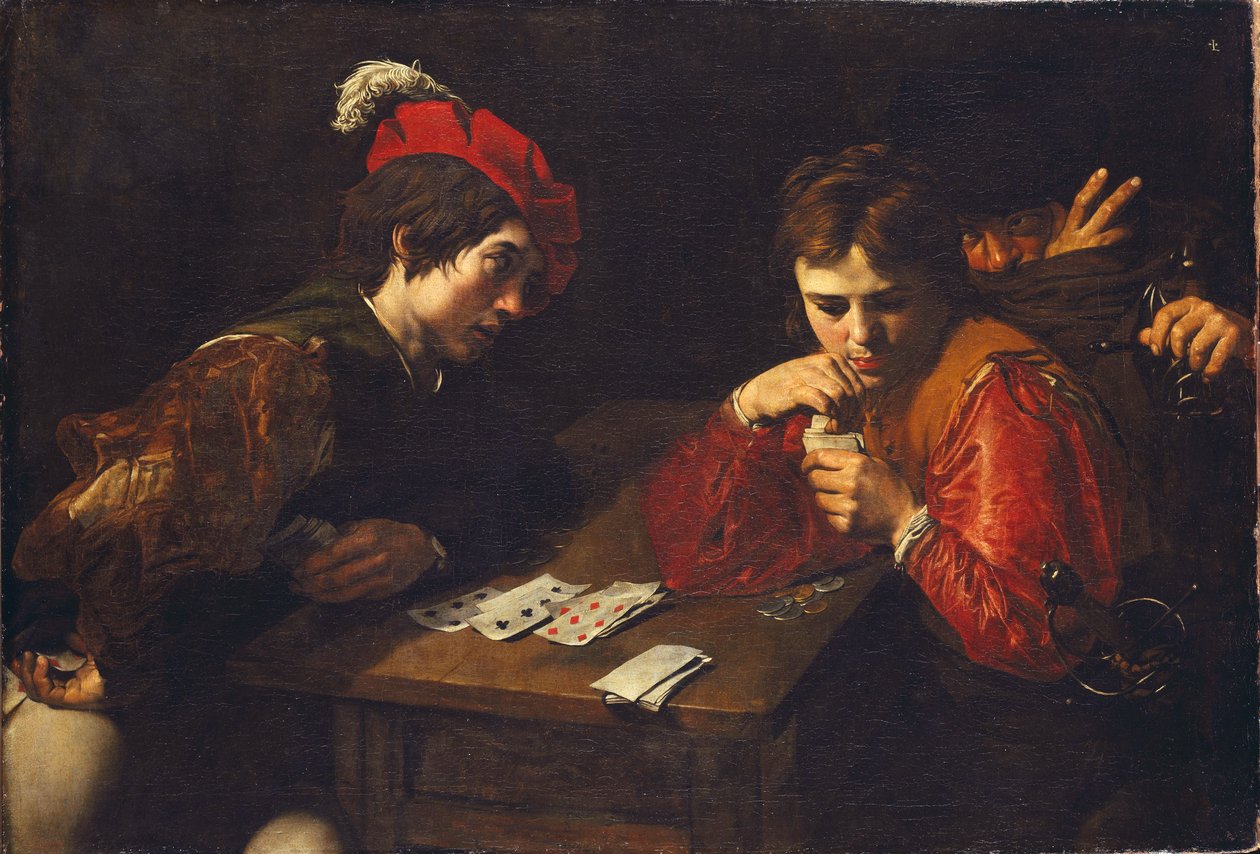 A kártyaélők, Valentin de Boullogne (1591-1632). Olaj, vászon, c. 1615. Mérete: 94,5x137 cm. Drezdai Állami Művészeti Gyűjtemények alkotó: Valentin de Boulogne