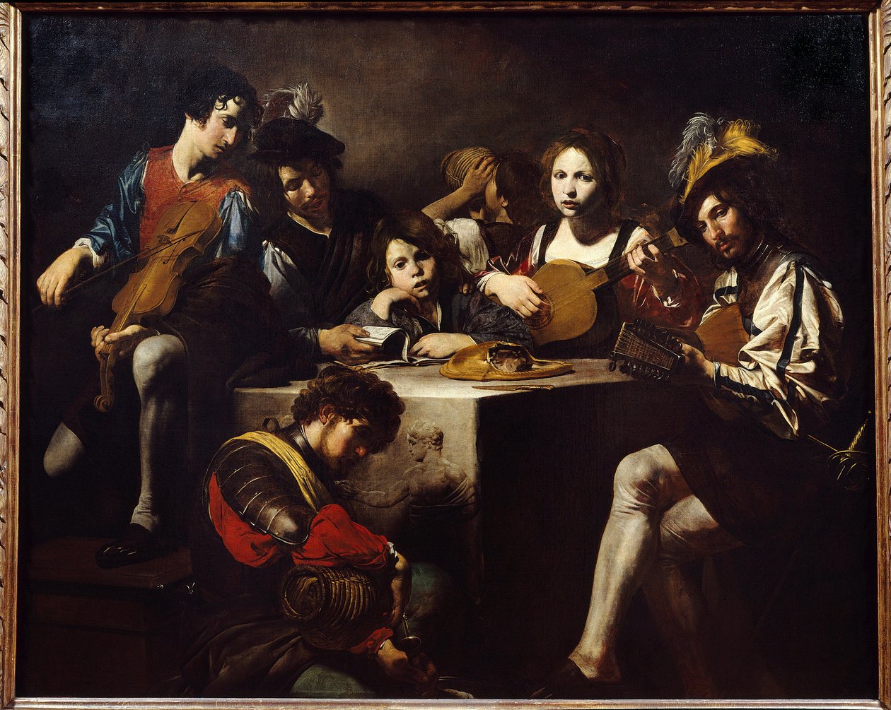Az alacsony megkönnyebbülés koncert. A zenészek egy faragott oltár körül gyűltek össze. Valentin de Boulogne (1591-1632) festménye. Homályos. 1,73 X 2,14 m. alkotó: Valentin de Boulogne