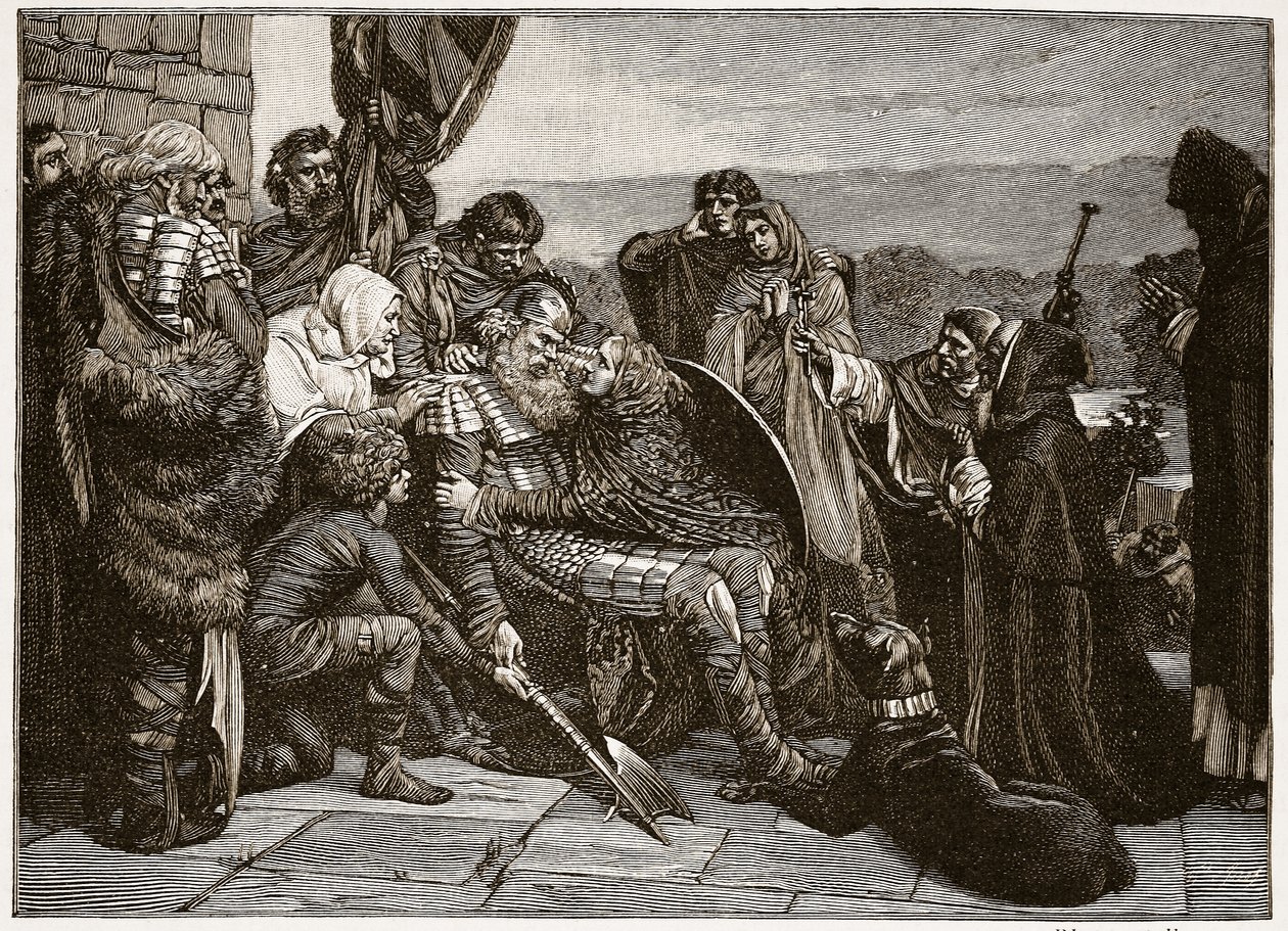 Siward halála, illusztráció a "The Church of England: A History for the People", H.D.M. Spence-Jones, kiad. 1910 körül (szepiaszínű fotó). alkotó: Valentine Cameron Prinsep