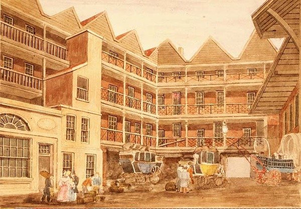 Bull and Mouth Inn Yard, 1806 körül alkotó: Valentine Davis