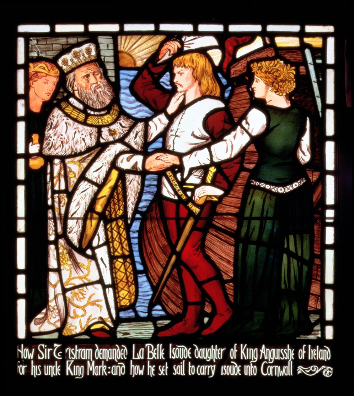 Sir Tristan elhagyja Írországot Szép Isoldával, a „Tristán és Izolda története” című filmből, William Morris und Co. (ólomüveg) alkotó: Valentine Cameron Prinsep
