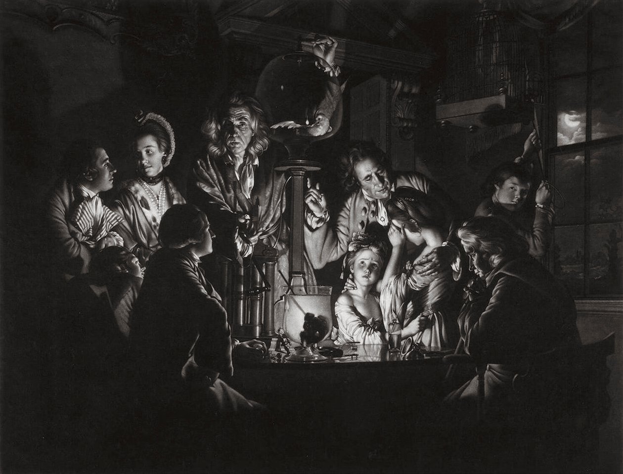 Kísérlet egy madárral a levegőszivattyúban Joseph Wright, Derby nyomán, 1769. alkotó: Valentine Green