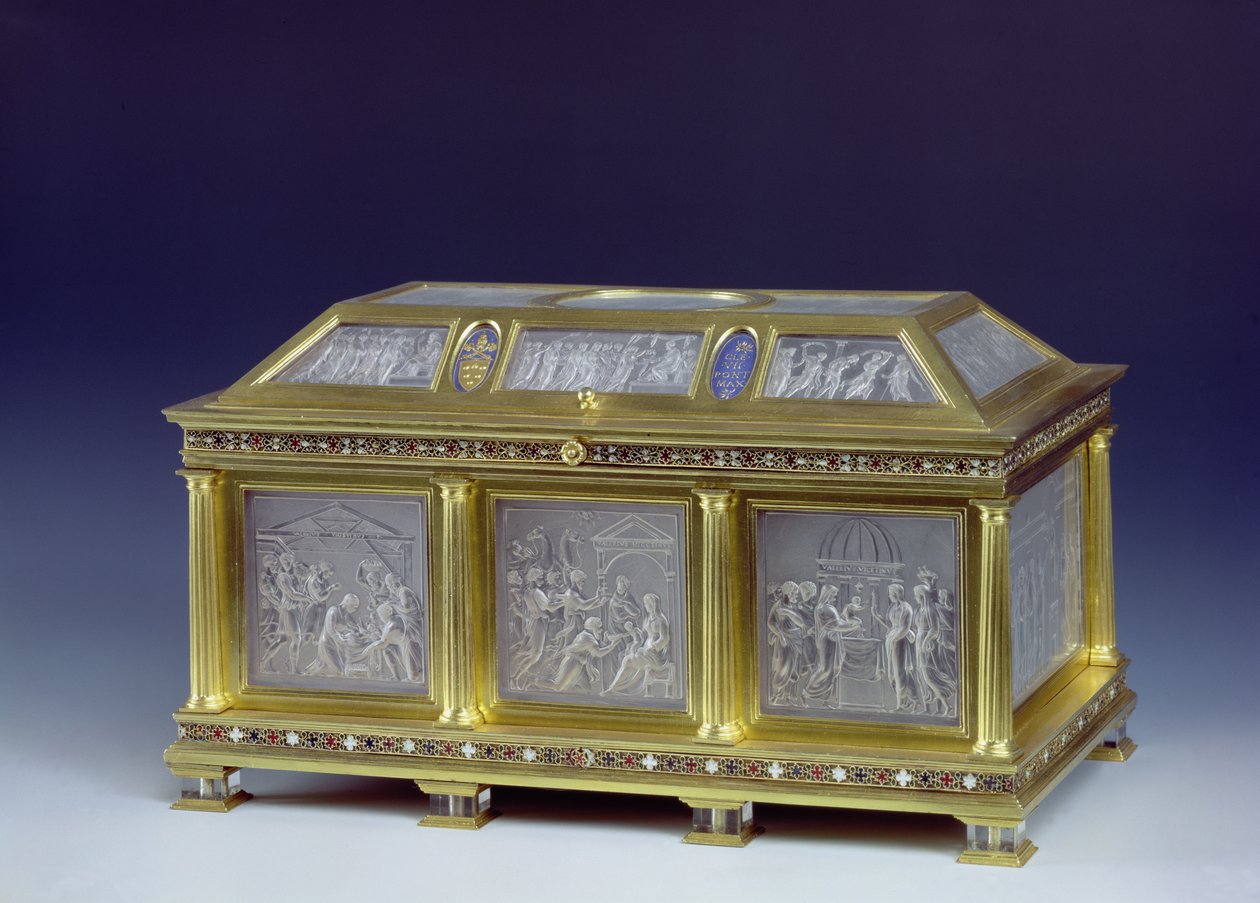 A születést, a mágusok imádását és a templomi bemutatót ábrázoló kassza, 1533 (kőzetkristály és arany) alkotó: Valerio Belli