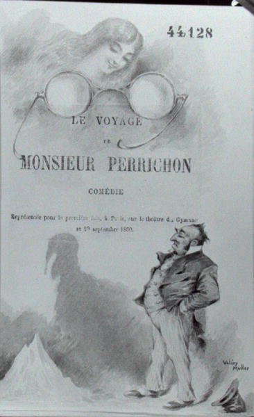 Eugene Labiche (1815-88) "Le Voyage de Monsieur Perrichon" című, 1860-65 körül megjelent művének címlapja (akvarell, papír) (fekete-fehér fotó). alkotó: Valery Muller