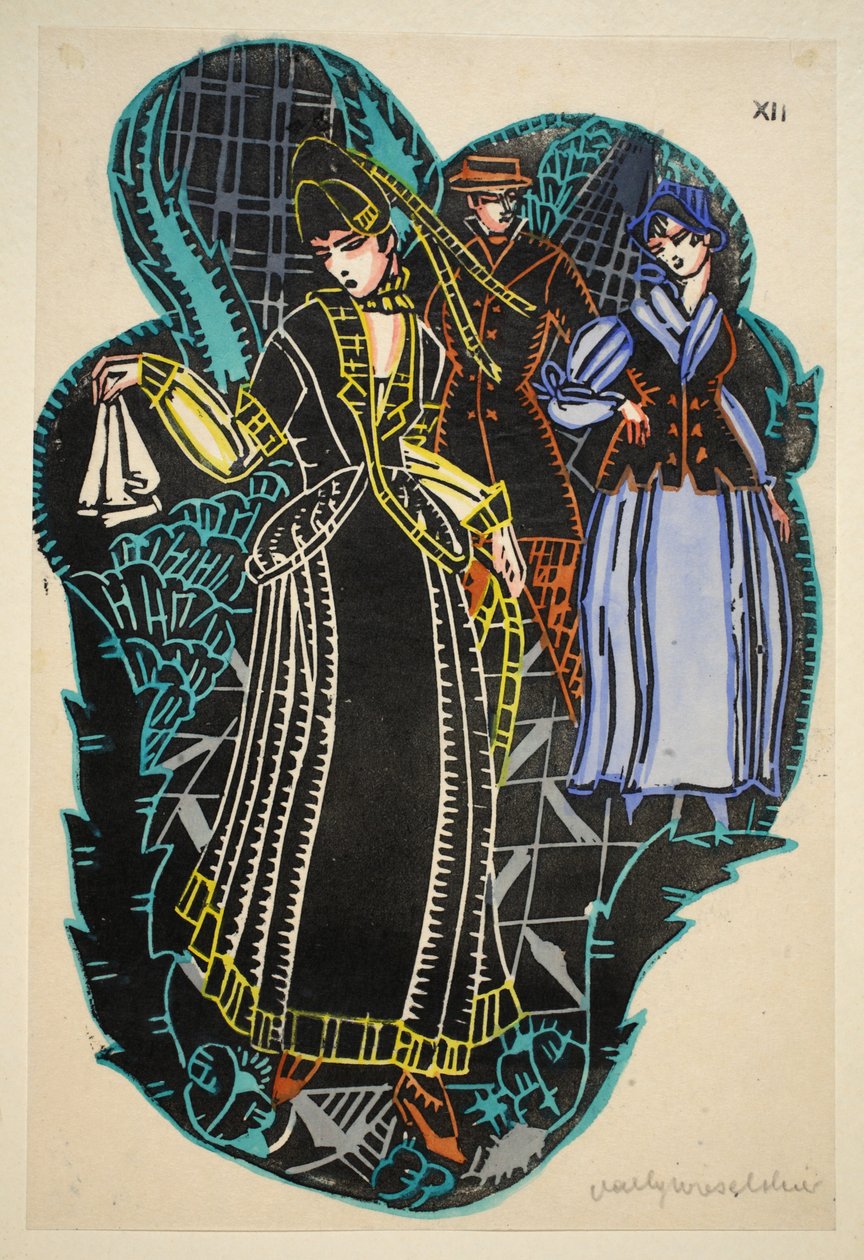 Tengerparti divat, 12. tábla, 12. könyv, illusztráció a "Wiener Werkstatte Mode 191415" című kiadványból. Eduard Kosmack, Bécs, 1914-1915 (kézzel színezett linómetszet). alkotó: Vally Wieselthier