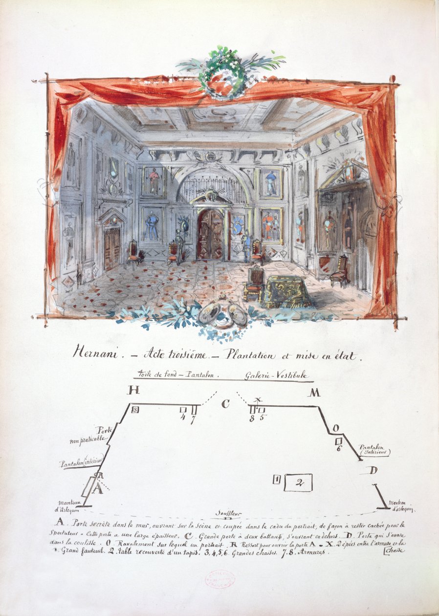 Victor Hugo (1802-85), 1879 (tinta és gouache) Hernani című 1877-es produkciójának díszletterve és színpadi rendezése alkotó: Valnay Pere et fils