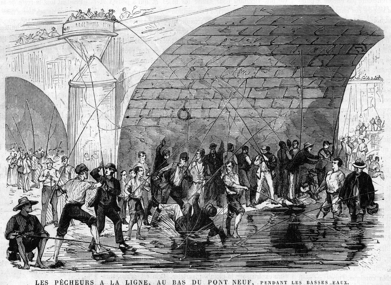 a halásznak van a zsinór a párizsi kilences híd alján 1868-ban az alacsony vízállás idején. Desroches - Valnay rajza. alkotó: Valnay Pere et fils