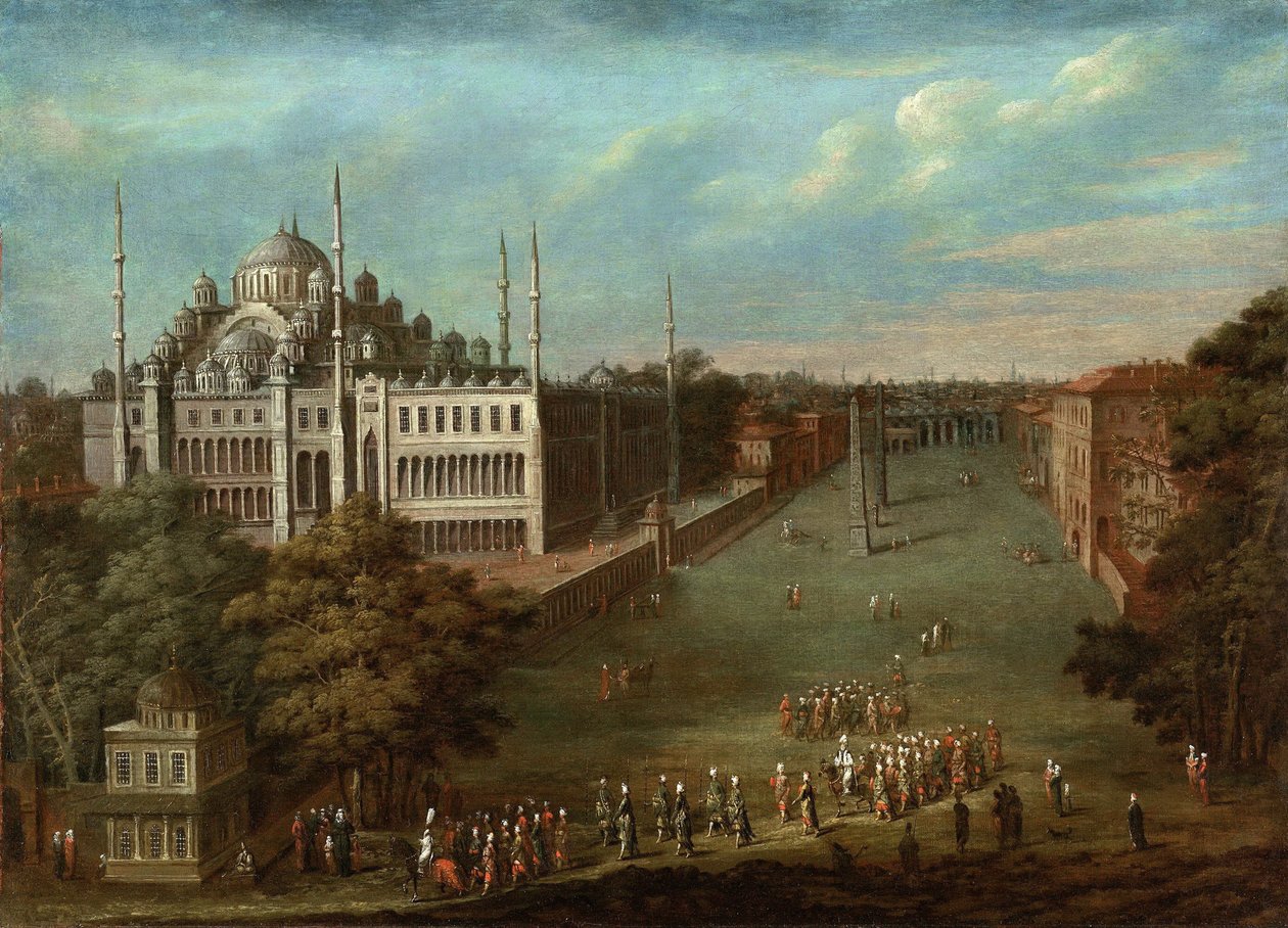 A nagyvezír körmenete a Hippodrome téren az Ahmed szultán mecsettel, 1737 alkotó: Vanmour