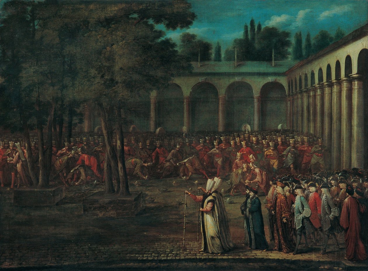 A nagyköveti küldöttség áthalad a Topkapı-palota második udvarán, 1720-as évek alkotó: Vanmour