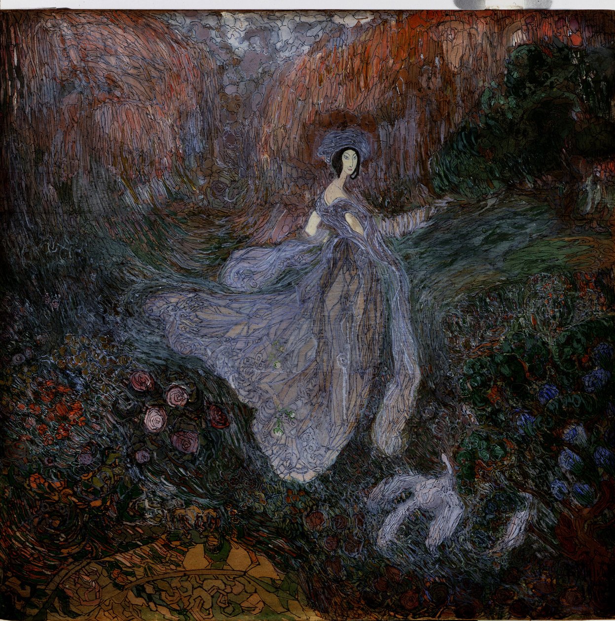 Reggel (Reggel). Egy fátyolba öltözött nő egy madár felé sétál a földön, egy virágoskertben. Vaszilij Dmitrijevics Millioti (1875-1943) munkája, akvarell, gouache és tus papíron alkotó: Vasili Dmitrievich Millioti