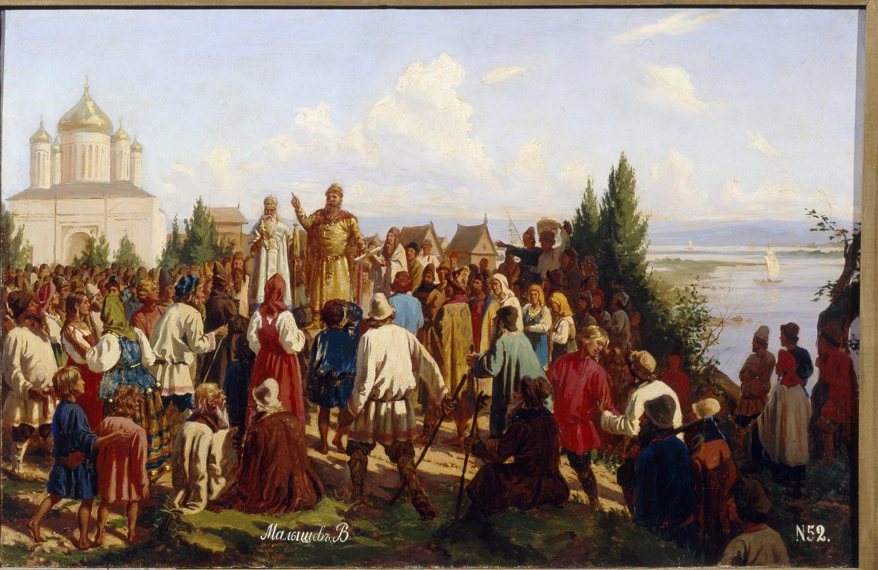 Novgorod és Kyiv nagyhercege, I. Jaroszlav Vlagyimirovics, akit Bölcsnek hívnak (978-1054), 1019-ben kihirdeti az első törvénykönyvet, a Russzkaja Pravda-t. . festés d alkotó: Vasili Georgievich Malyschev