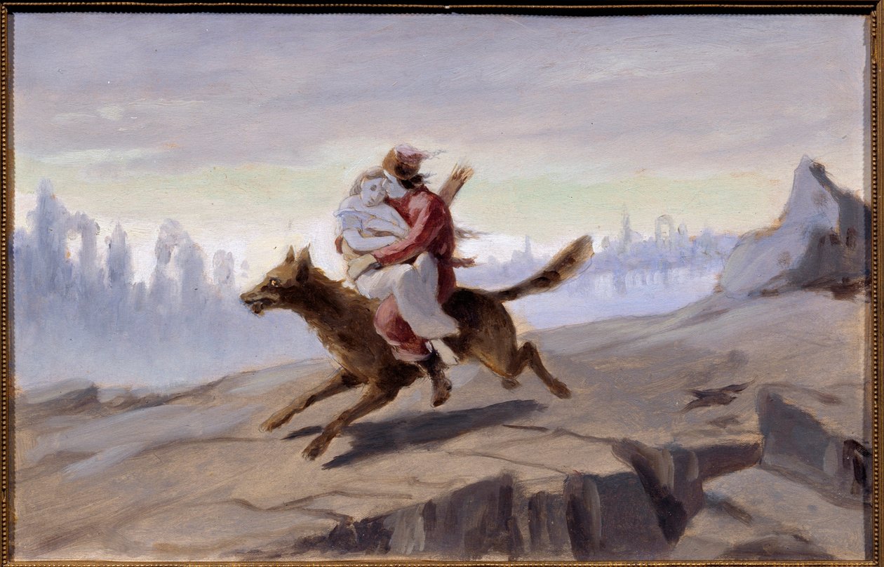 Ivan cárevics a szürke farkason lovagol (orosz hagyományos mese) - Ivan Carevics lovagol a szürke farkason - Vaszilij (Vaszilij) Grigorjevics Perov (1834-1882) munkája, olaj, papír, 1870 vége - 1880 eleje - orosz művészet alkotó: Vasili Grigorevich Perov