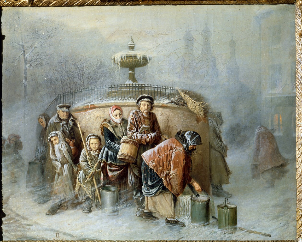 Sor a szökőkútnál. A tél közepén a város lakói hideg szélben és ködben várják a sorukat, hogy megtöltsék ivóvízzel a vödrüket. Vaszilij (Vaszilij) Grigorjevics Perov (1834-1882) festménye, olaj alkotó: Vasili Grigorevich Perov