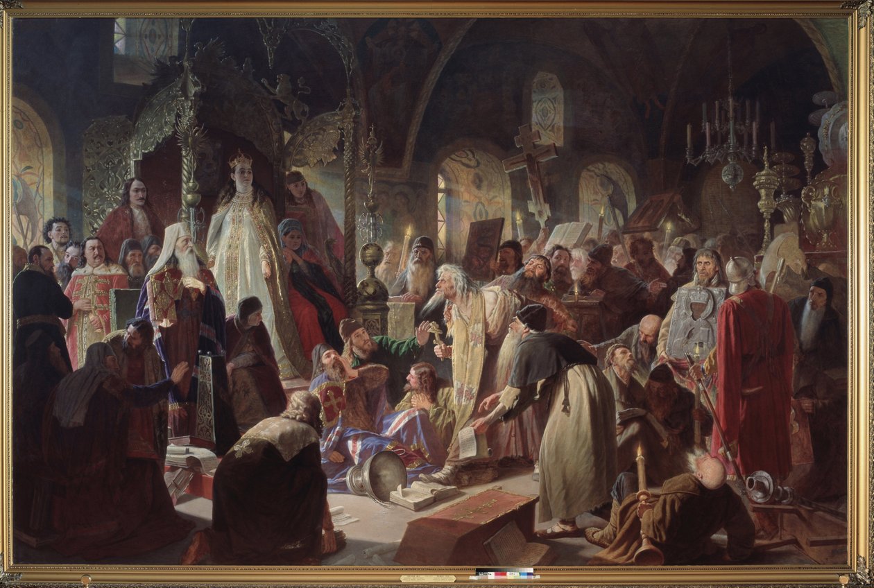 Az óhitű (óhitű) Nikita Poustosviat pápa (vagy Nyikita Dimitriovics Dobrynine, 1683-ban halt meg) Joachim (1620-1690) moszkvai pátriárkával vitázott a hit kérdéséről Zsófia Alekszejevna Romanova régens jelenlétében. 1657-1704 alkotó: Vasili Grigorevich Perov