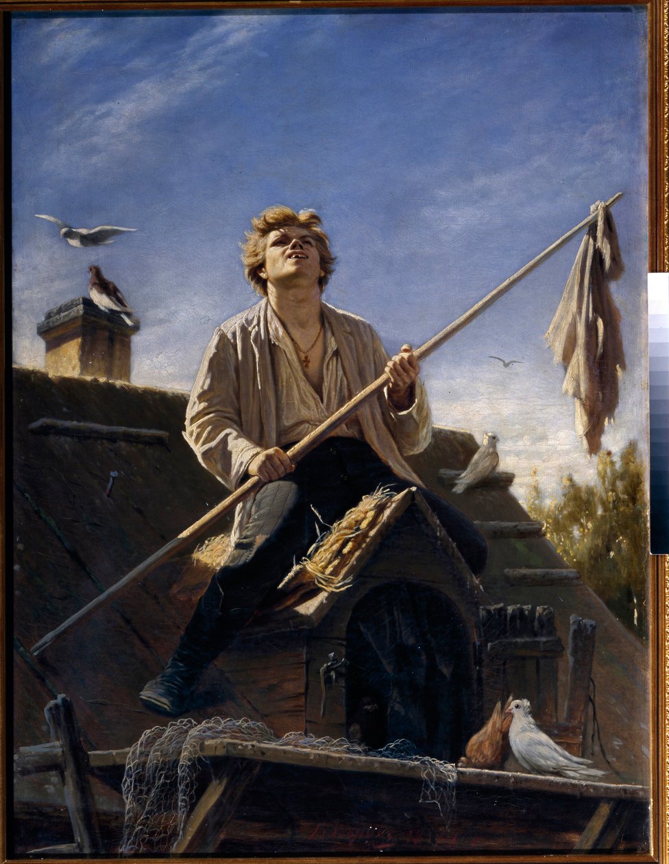 Galambász (galambász). Vaszilij (Vaszilij) Grigorjevics Perov (1834-1882) festménye, olaj, vászon alkotó: Vasili Grigorevich Perov