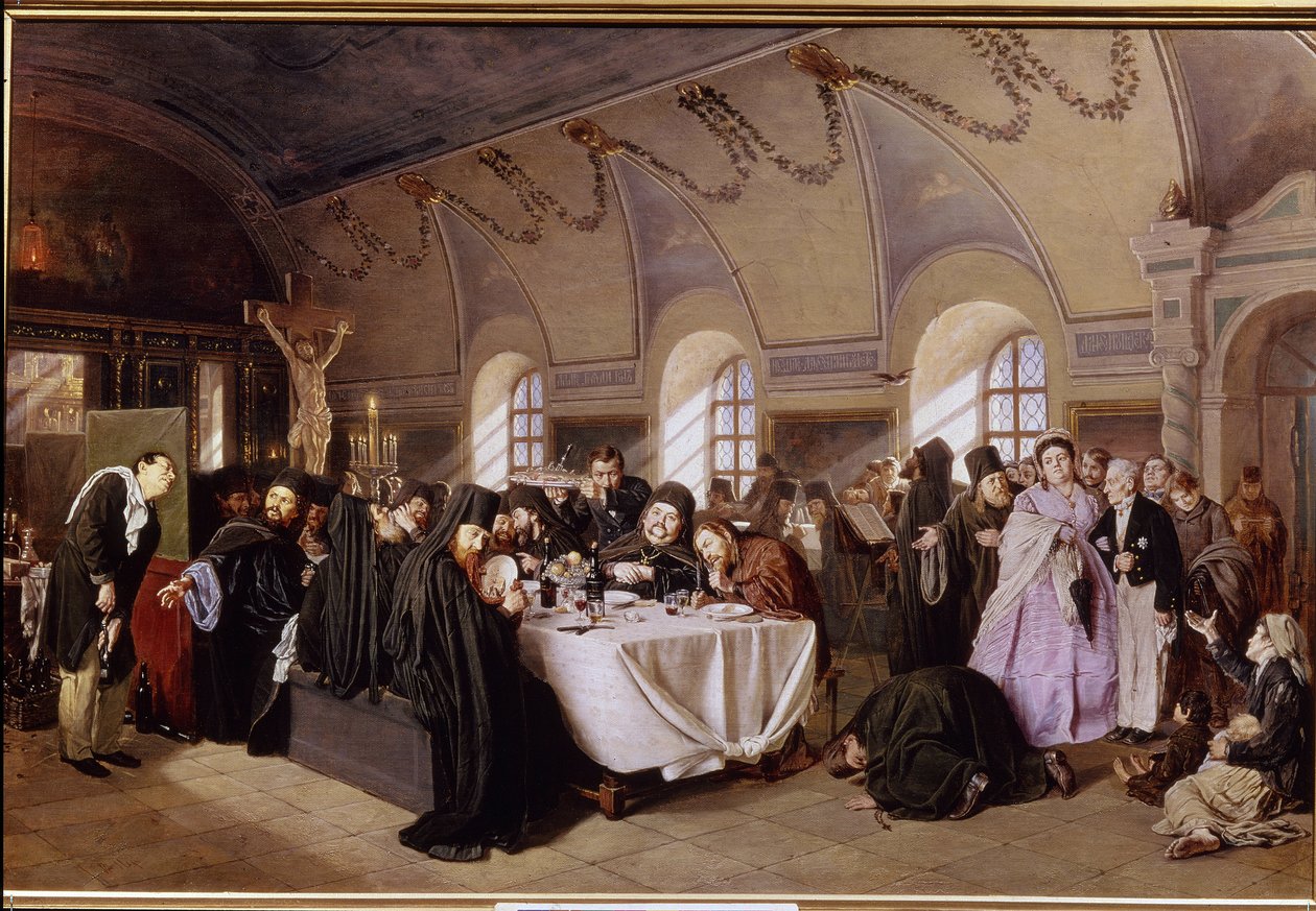 Ebéd a kolostorban (A Meal in The Monastery). Egy ortodox kolostor gazdag refektóriumában a szerzetesek leülnek és gazdagon (hal, gyümölcs, bor) ebédelnek, miközben a Bibliát olvassák. A megvető látogatókat a j alkotó: Vasili Grigorevich Perov