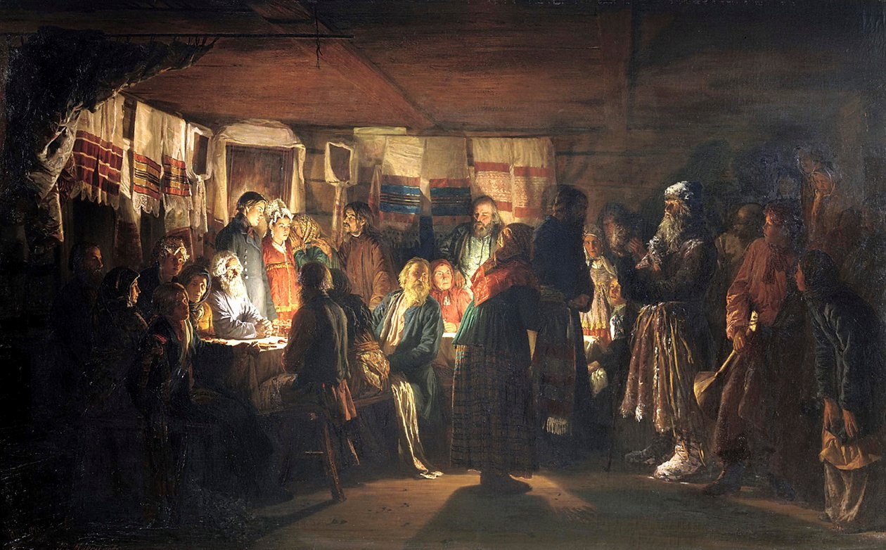 Egy varázsló jön egy paraszti esküvőre”, 1875. alkotó: Vasili Maximovich Maximov