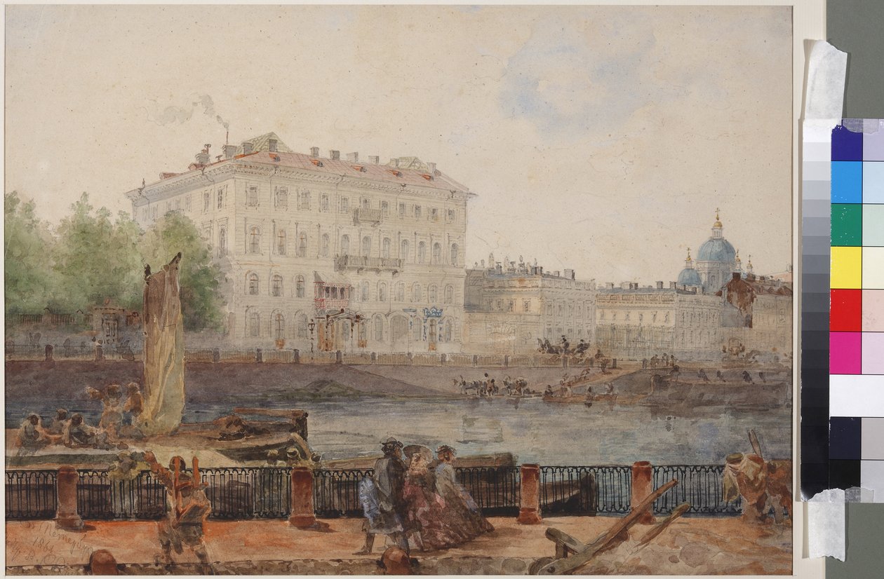 M. D. Tarasova háza a Fontanka rakparton, Szadovnyikov, Vaszilij Szemjonovics (1800-1879) alkotása. Akvarell papíron alkotó: Vasili Semenovich Sadovnikov