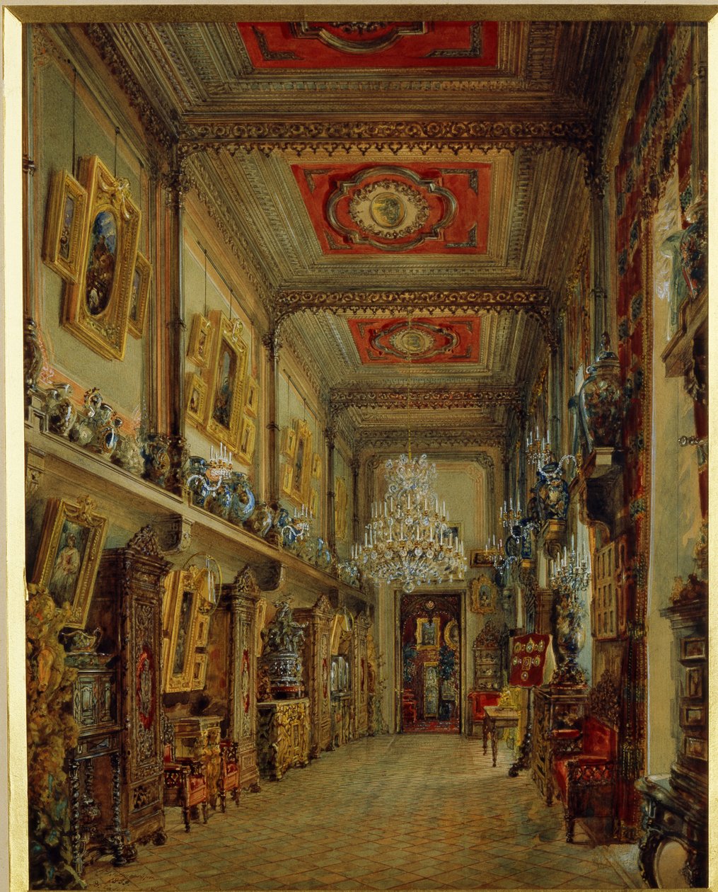 A Jusupov-palota (Moika-palota) könyvtára Szentpéterváron. (A szentpétervári Jusupov-palota könyvtára). Vaszilij Szemjonovics Szadovnyikov (1800-1879) munkája, akvarell papíron alkotó: Vasili Semenovich Sadovnikov