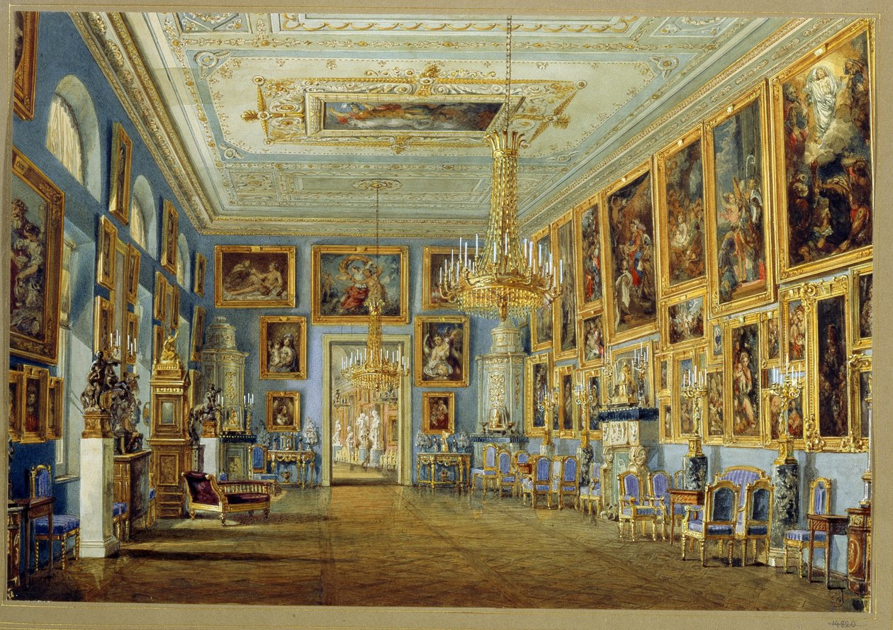 A Jusupov Palota Művészeti Galéria (Moika Palota) Szentpéterváron. (A művészeti galéria a szentpétervári Jusupov-palotában). Vaszilij Szemjonovics Szadovnyikov (1800-1879) munkája, akvarell papíron. orosz művészet alkotó: Vasili Semenovich Sadovnikov