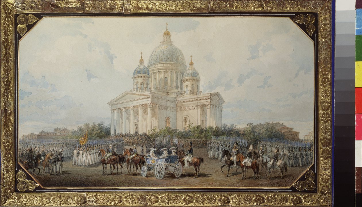 Felvonulás a szentpétervári Szent Izsák-székesegyház előtt. Vaszilij Szemjonovics Szadovnyikov (1800-1879) munkája, akvarell papíron alkotó: Vasili Semenovich Sadovnikov