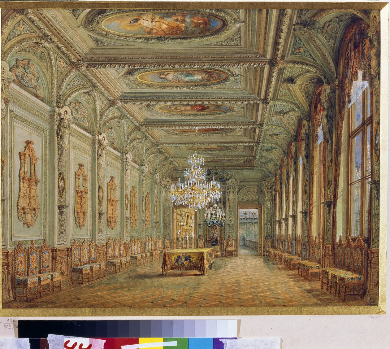 A szentpétervári Jusupov-palota (Moika-palota) fő étkezője (II. Henrik Galéria). (A fő étkező (II. Henrik galériája) a szentpétervári Jusupov-palotában). Vaszilij Szemjonovics Szadovnyikov (1800-1879) alkotása, aqua alkotó: Vasili Semenovich Sadovnikov
