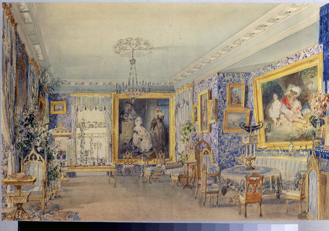 Nappali a Verki Kastélyban. Vaszilij Szemjonovics Szadovnyikov (1800-1879) munkája, akvarell papíron alkotó: Vasili Semenovich Sadovnikov