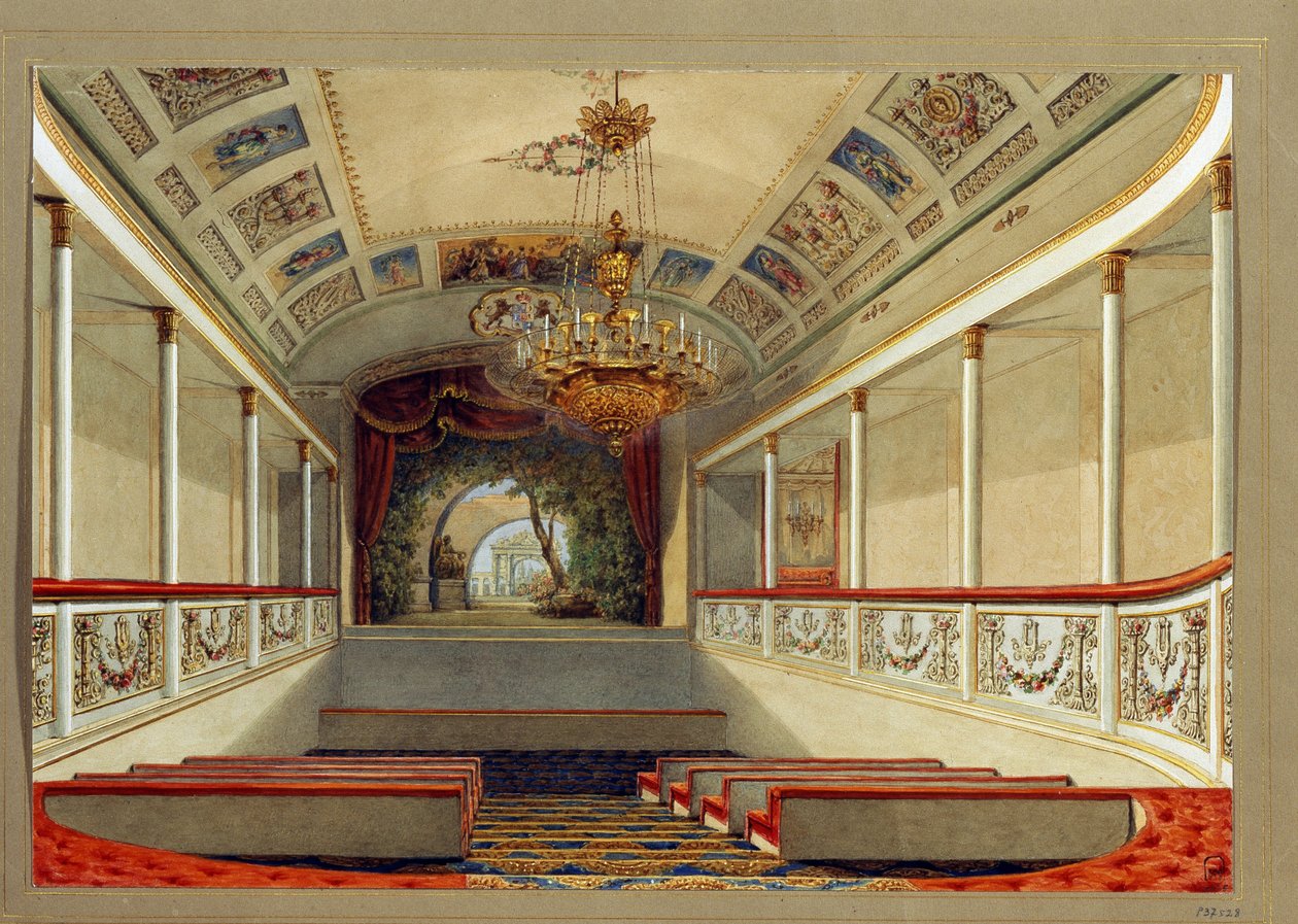 A Jusupov-palota (Moika-palota) színházterme Szentpéterváron. (A házimozi a szentpétervári Jusupov-palotában). Vaszilij Szemjonovics Szadovnyikov (1800-1879) munkája, akvarell papíron. 19. századi orosz művészet. Állam Oroszország Mus alkotó: Vasili Semenovich Sadovnikov