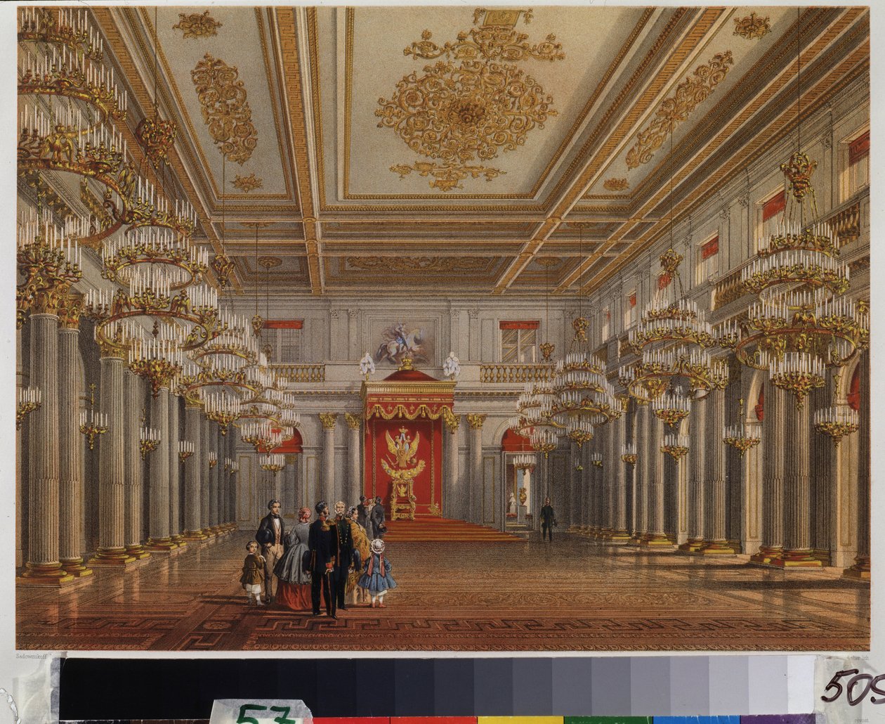 A szentpétervári Téli Palota trónterme (Szent György terme). Vaszilij Szemjonovics Szadovnyikov (1800-1879) munkája, akvarell papíron. 19. századi orosz művészet. A. Puskin Emlékmúzeum, Szentpétervár. alkotó: Vasili Semenovich Sadovnikov