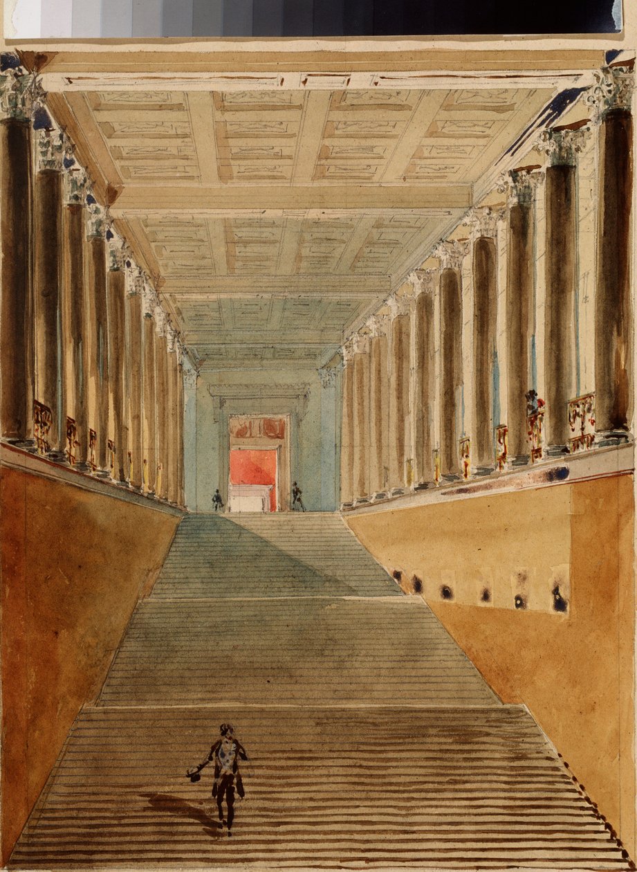 A szentpétervári Téli Palota nagylépcsője (vagy Ambassador Staircase vagy Jordan Staircase). Vaszilij Szemjonovics Szadovnyikov (1800-1879) munkája, akvarell, papír, 1840 körül. 19. századi orosz művészet. Állami A. Puskin Szépművészeti Múzeum, Mos alkotó: Vasili Semenovich Sadovnikov