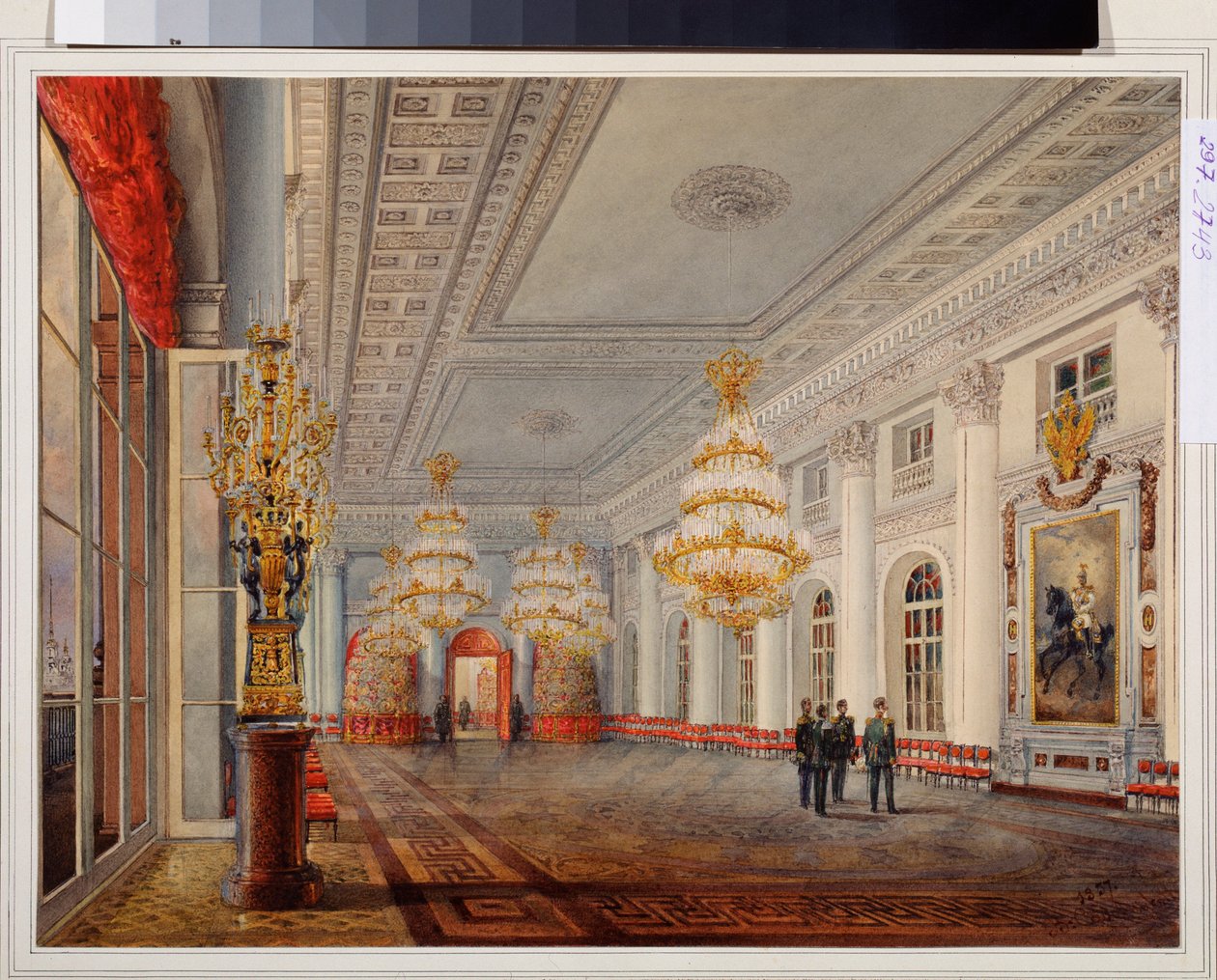 A szentpétervári Téli Palota nagyterme (vagy Nicolas-terem). Vaszilij Szemjonovics Szadovnyikov (1800-1879) munkája, akvarell papíron alkotó: Vasili Semenovich Sadovnikov